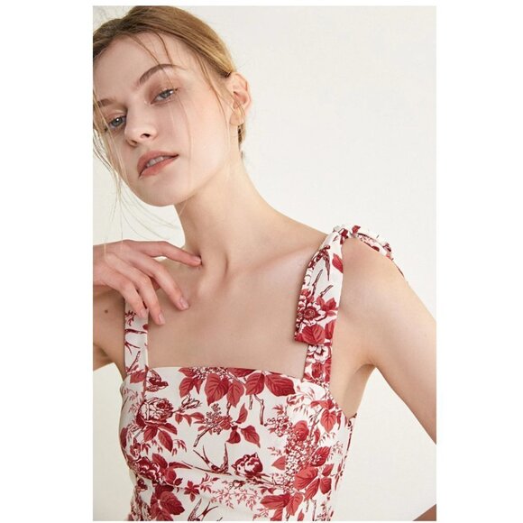 J.ing Dark Red Floral Print Tie Strap Slit Hem Midi Dress - Picture 4 of 11